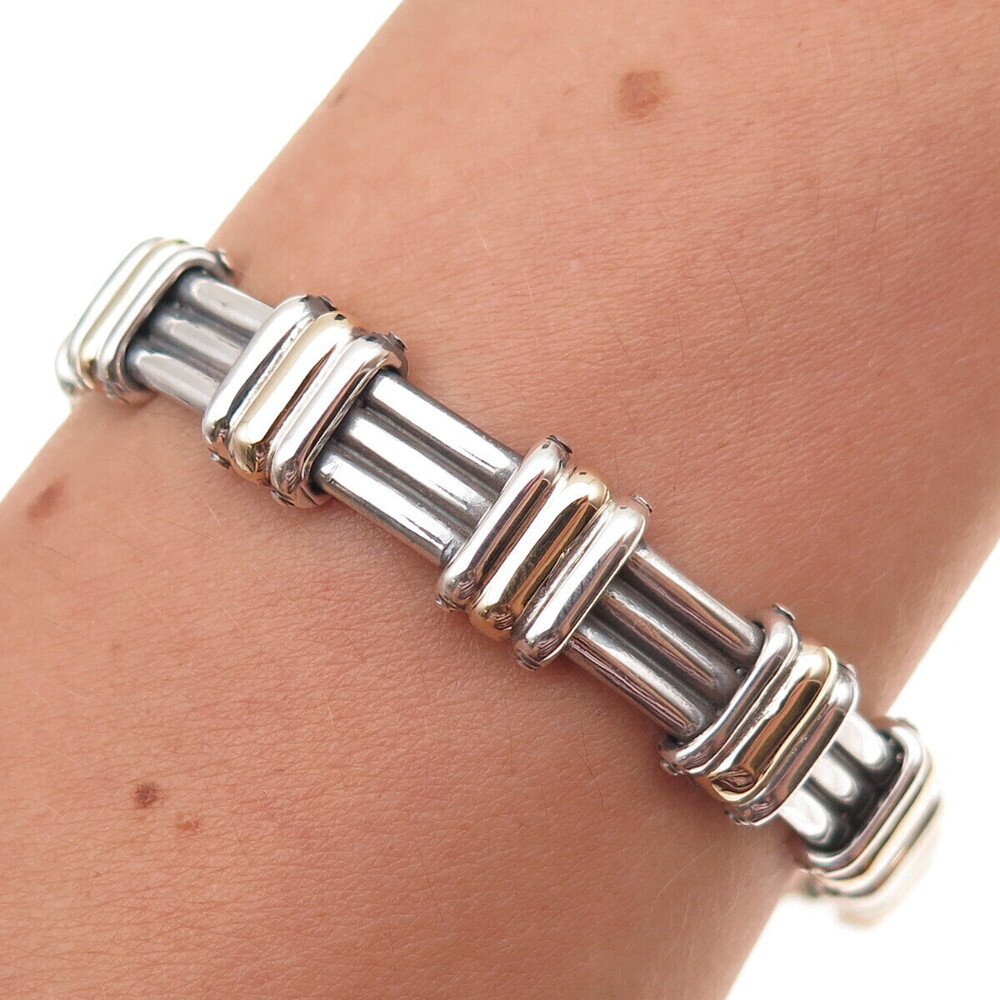 925 Sterling Silver 14K Gold Vintage Italy Oxidized Station Bracelet 7"